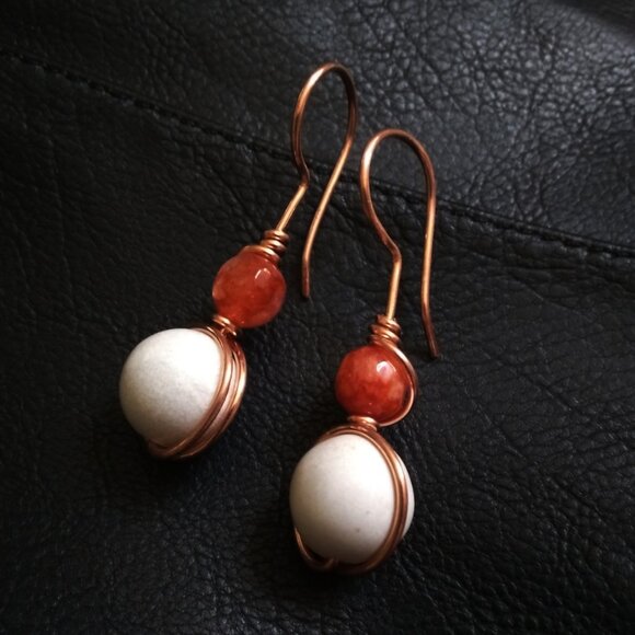 Uniquely Handmade Earrings: Lively Glowing Orange & Creamy White Stone w. Copper - Picture 5 of 11